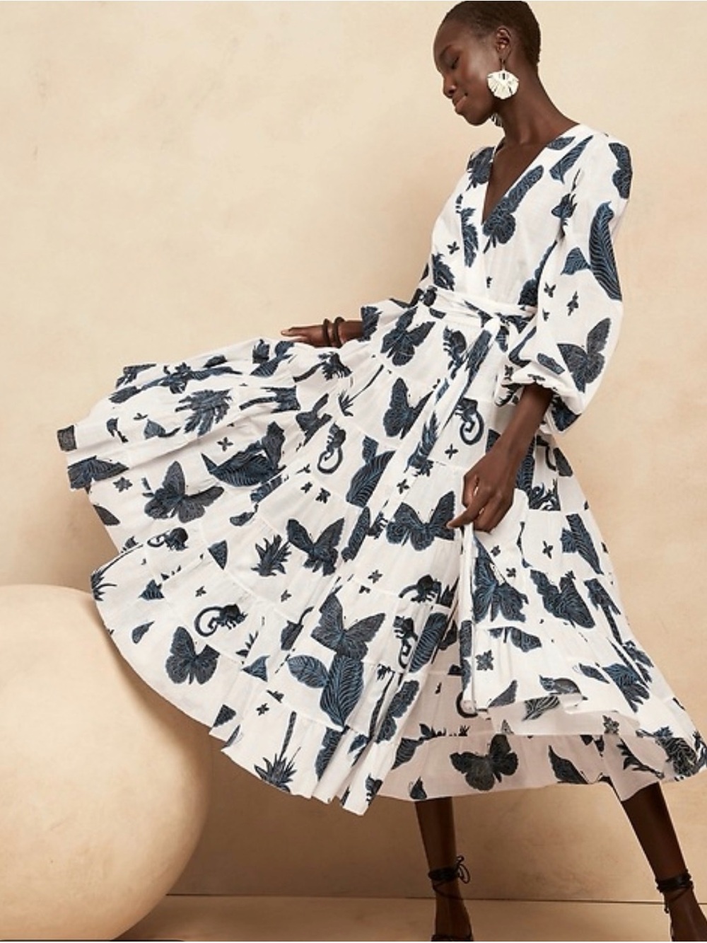Banana Republic White Midi Dress with Navy Butterfly Print